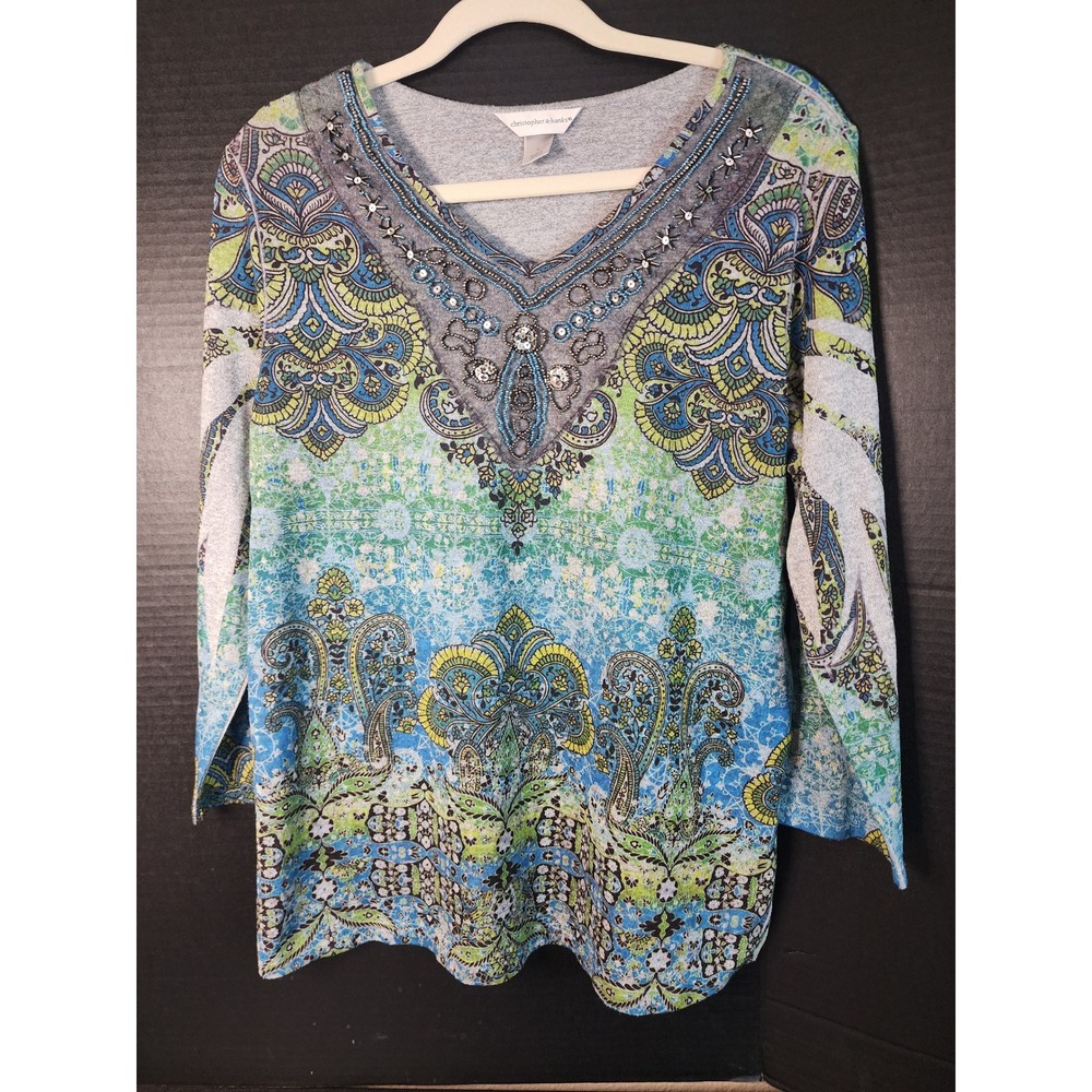 Christopher & Banks Womens Large Blue Green Paisley Beaded V-Neck LS Top